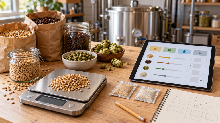 Malt i papirposer og glass, humlepellets og humlekongler, tørrgjær og kjøkkenvekt ved siden av et nettbrett med oppskriftskalkulator – CraftLab