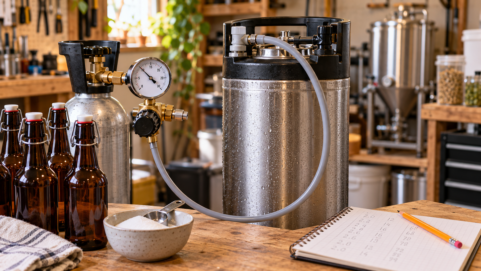 Cornelius-fat koblet til CO₂-flaske med regulator og manometer, patentflasker og skål med dekstrose på arbeidsbenken – karbonisering av hjemmebrygget øl