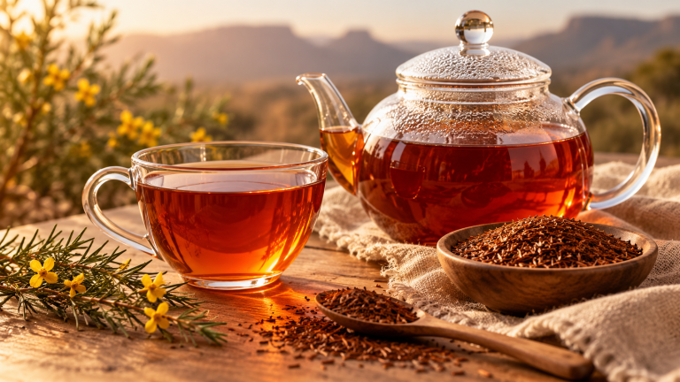 Glasskanne og kopper med rødbrun rooibos – koffeinfri te fra CraftLab