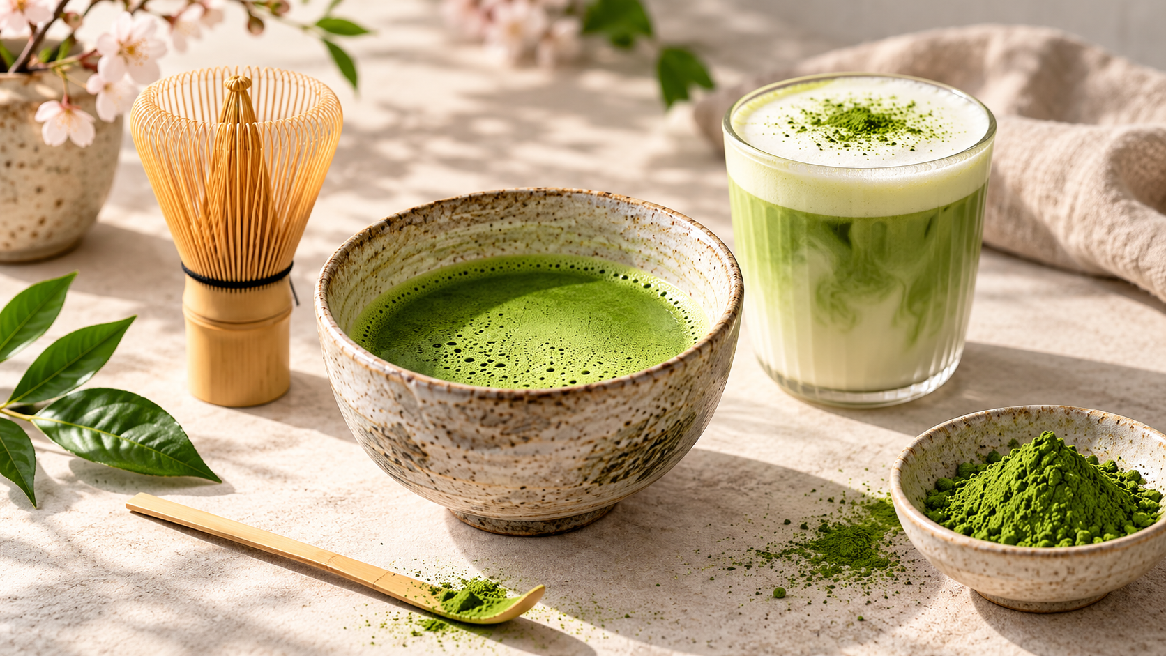 Vispet matcha i skål og matcha latte i glass med blomster – guide til matcha hjemme fra CraftLab