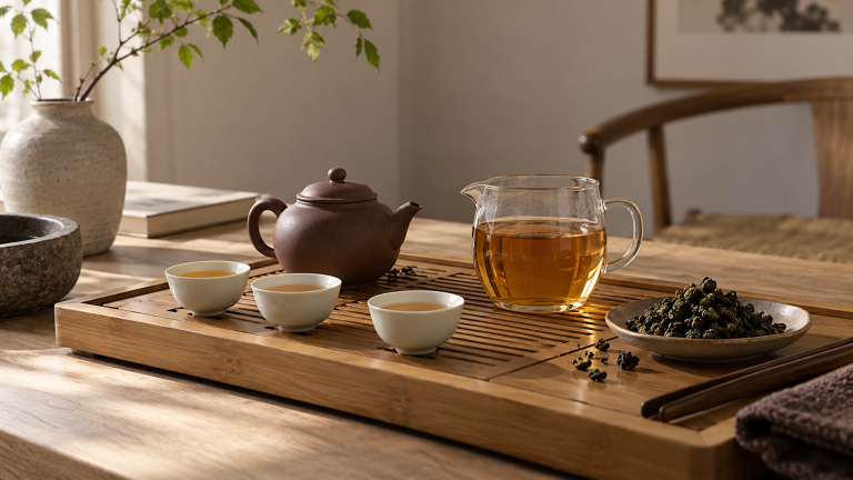 Gongfu-teoppsett med liten tekanne, mugge med ravfarget oolong og små tekopper