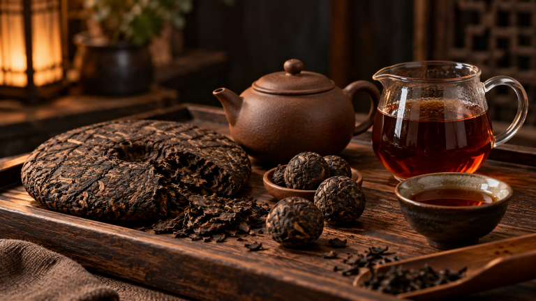 Små pressede pu-erh-kuler og mørk rødbrun te i glassmugge ved siden av en leirkanne